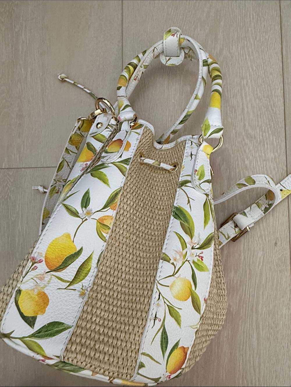 Valentina White Lemon-Print Bucket Shoulder Bag with Natural Straw Panels - Picture 16 of 16